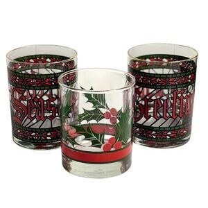 VTG Houze Seasons Greetings Glass Drink Tumbler Red Green Gold Rim Holiday Set